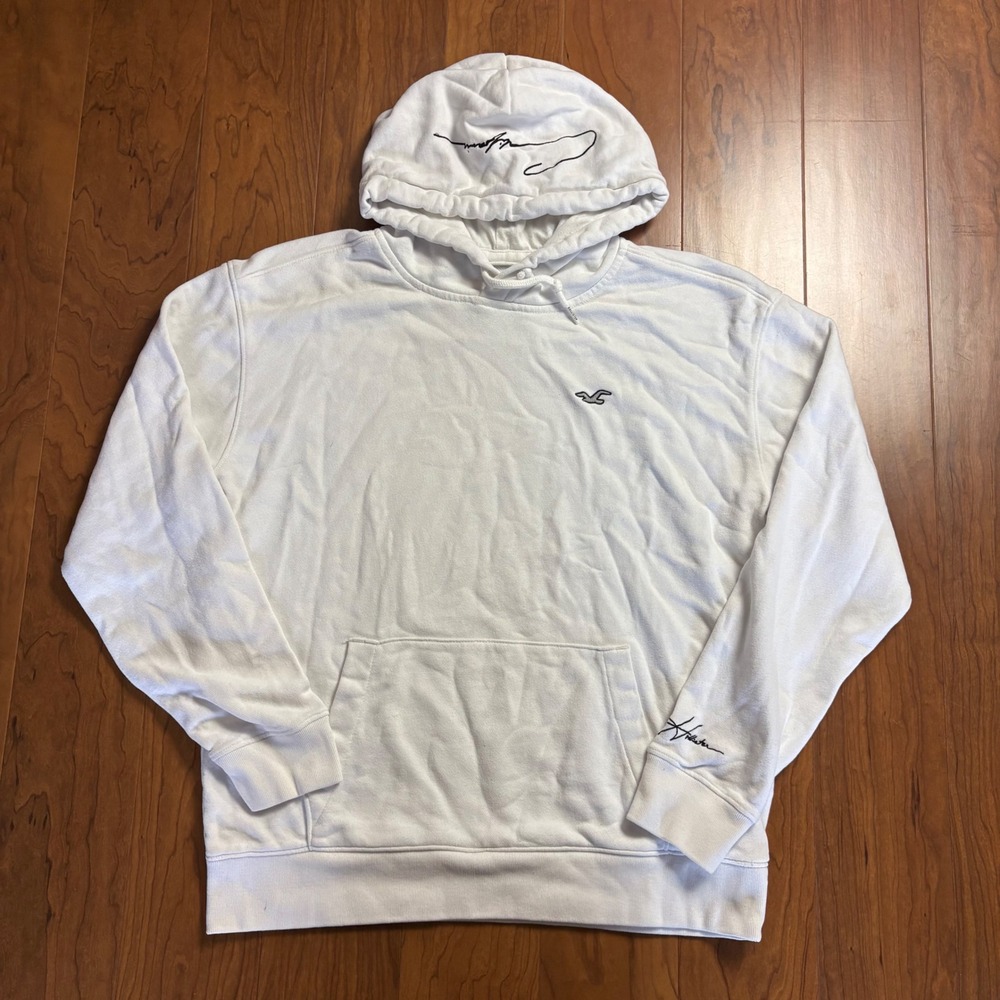 Hollister Mens White Pullover Hoodie Script Logo Embroidery Medium